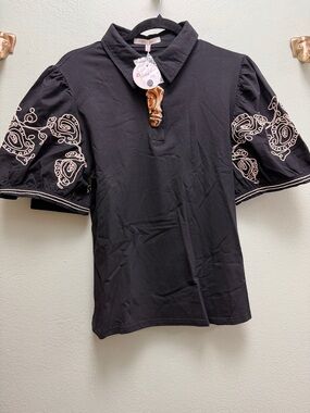 Pastels Black Polo with Embroidered Puff Sleeves